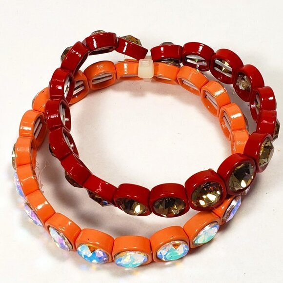 Set of 2 Bracelets - Red & Salmon Pink with Colorful Round Crystal Stone - Women - Picture 3 of 7